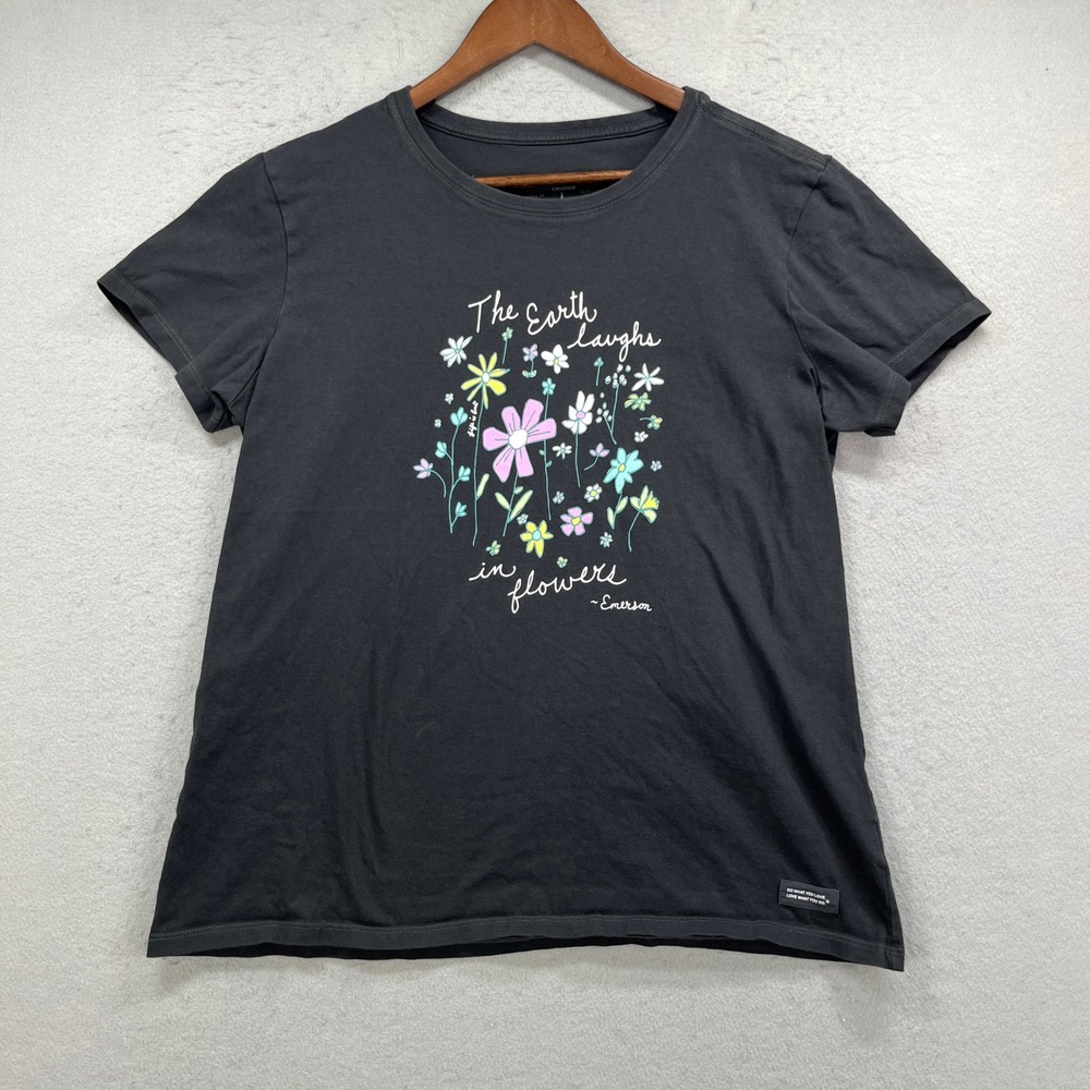 Life Is Good T Shirt Womens L Black Crusher Earth Laughs Flowers Emerson Graphic